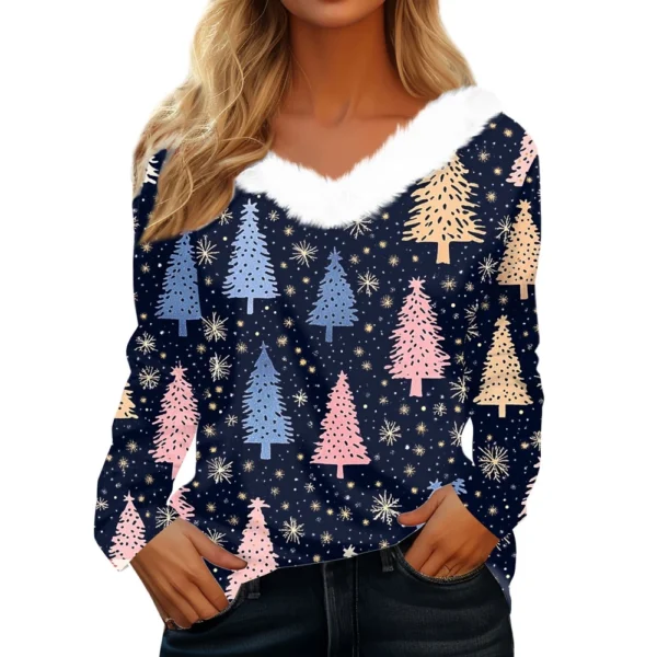 Women's Long Sleeve Christmas Printed Party Plush Neck Wide Casual V-Neck Top - Image 23