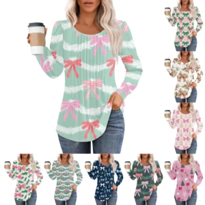 Women's Pleated Casual T-Shirt Round Neck Christmas Printed Long Sleeved Top