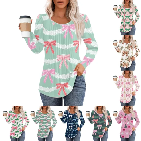 Women's Pleated Casual T-Shirt Round Neck Christmas Printed Long Sleeved Top