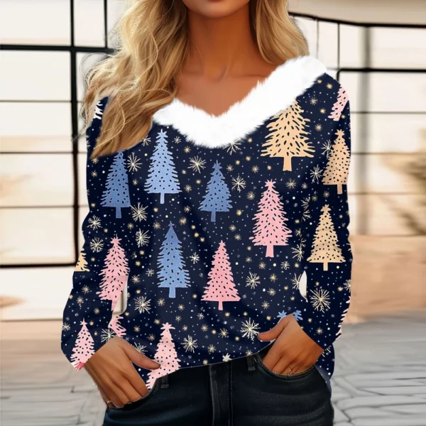 Women's Long Sleeve Christmas Printed Party Plush Neck Wide Casual V-Neck Top - Image 22
