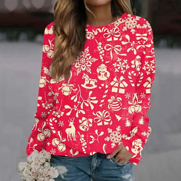Women's Long Sleeve Print O-Neck Christmas Blouse Fashion Casual Pullover Top - Image 34