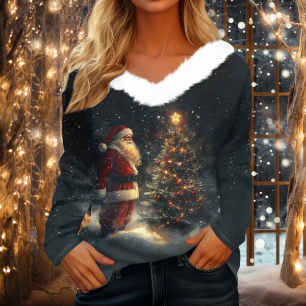 Women's Shirt V Neck Christmas Top Long Sleeve Party Fleece Collar T Shirt - Image 22