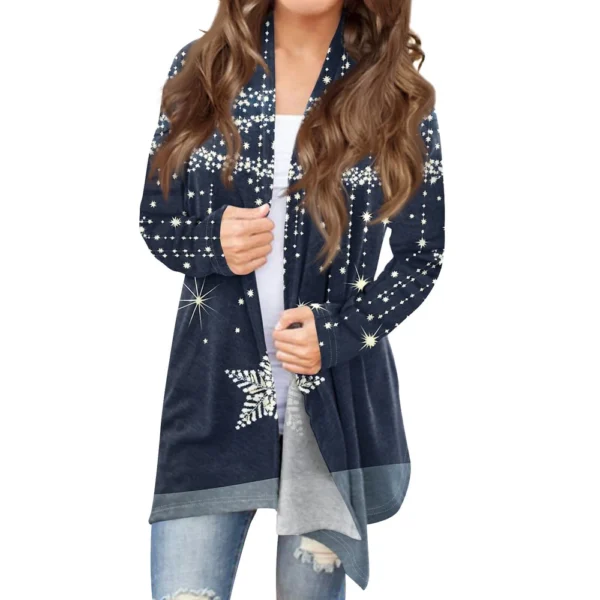Women's Printed Cardigan Christmas Jacket Fashion Casual Medium Length Coat - Image 6