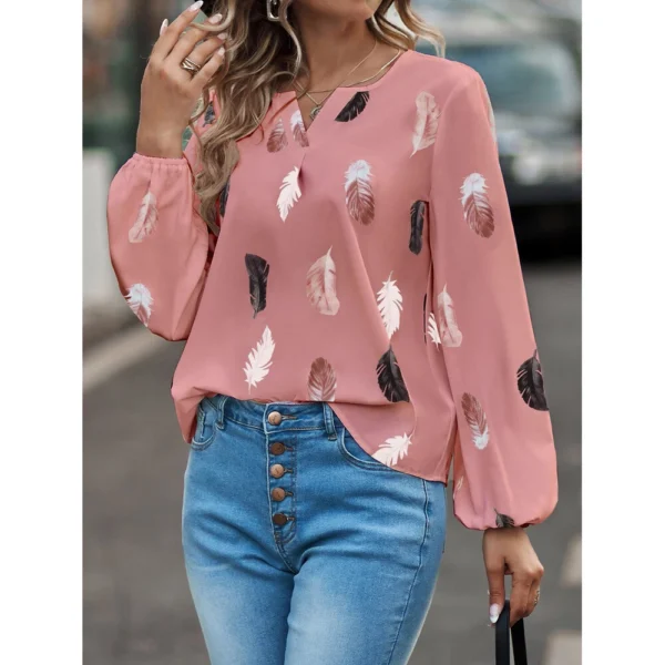 V-neck printed long-sleeved loose T-shirt women's top - Image 14
