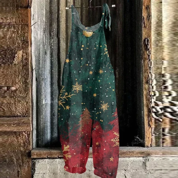 Women's Shoulder Strap Vintage Loose Print Casual Jumpsuit Christmas - Image 22