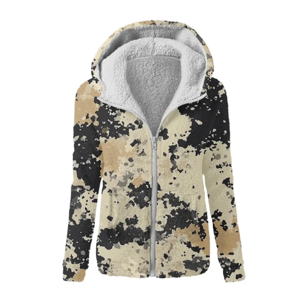 Women's Winter Camouflage Print Casual Fashion Plush Hooded Zipper Sweater - Image 3