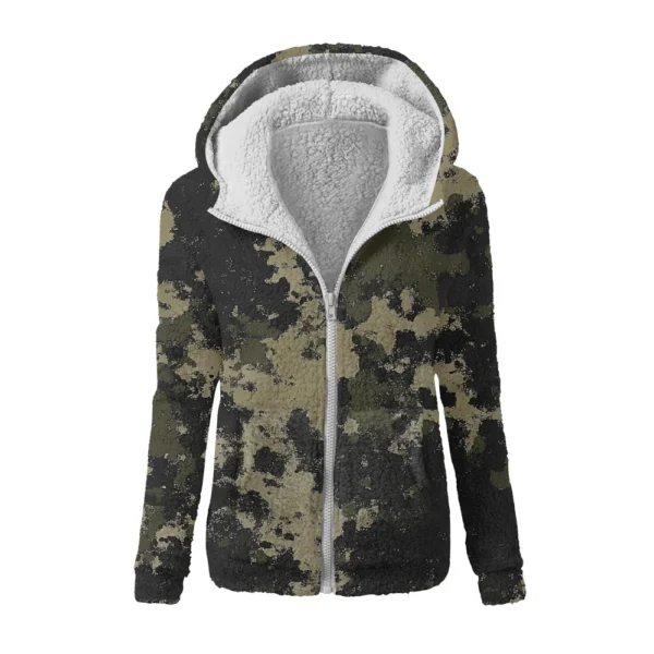 Women's Winter Camouflage Print Casual Fashion Plush Hooded Zipper Sweater - Image 23