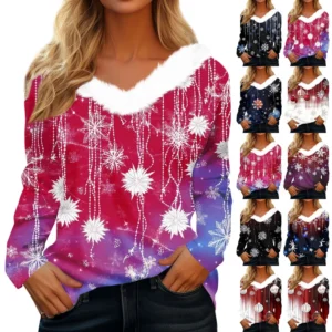 Women's Long Sleeve Christmas Printed Party Plush Neck Wide Casual V-Neck Top