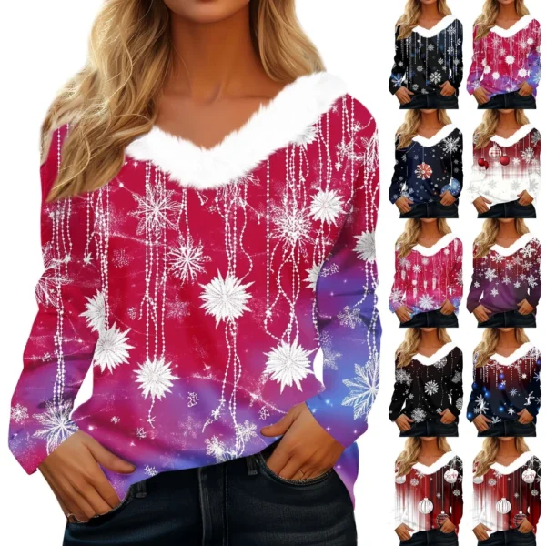 Women's Long Sleeve Christmas Printed Party Plush Neck Wide Casual V-Neck Top