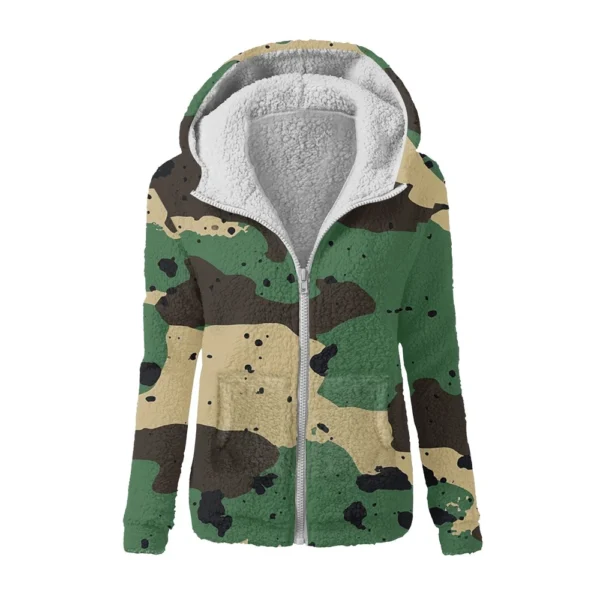 Women's Winter Camouflage Print Casual Fashion Plush Hooded Zipper Sweater - Image 7