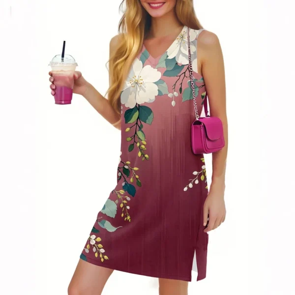 Women's Casual Fashion Sexy V-neck Sleeveless Floral Hem Slit Dress - Image 17