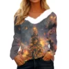 Women's Shirt V Neck Christmas Top Long Sleeve Party Fleece Collar T Shirt - Image 5