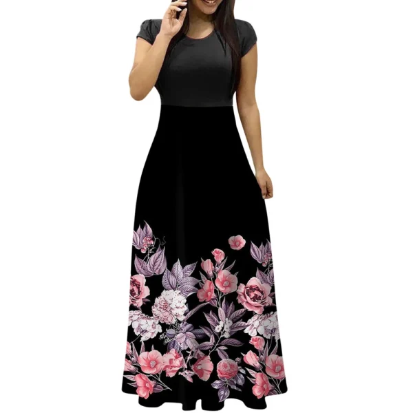 Women's Fashion Casual Loose Printed Round Neck Short Sleeve Long Dresses - Image 32