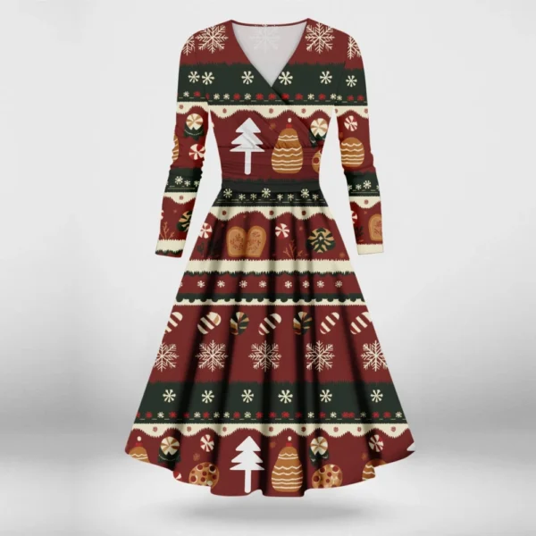 Women's Printed V-Neck Christmas Casual Fashion Long Sleeve Slim Dresses - Image 37