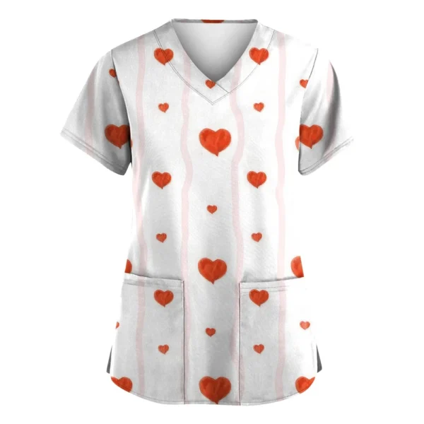 Women's Valentine's Day Printed  Uniform Work Uniform V-Neck Pocket Protective - Image 26