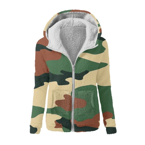 Women's Winter Camouflage Print Casual Fashion Plush Hooded Zipper Sweater - Image 41