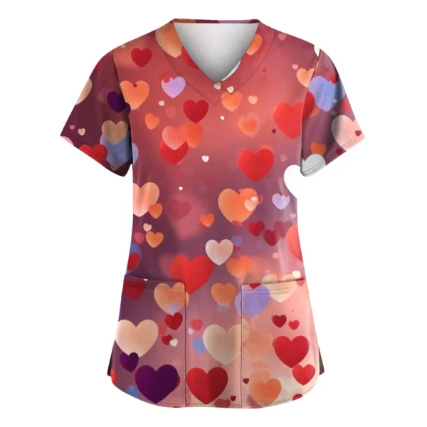 Women's Valentine's Day Printed  Uniform Work Uniform V-Neck Pocket Protective - Image 28