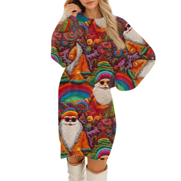 Women's Round Neck Casual Long Sleeve Plush Christmas Printed Dresses - Image 34