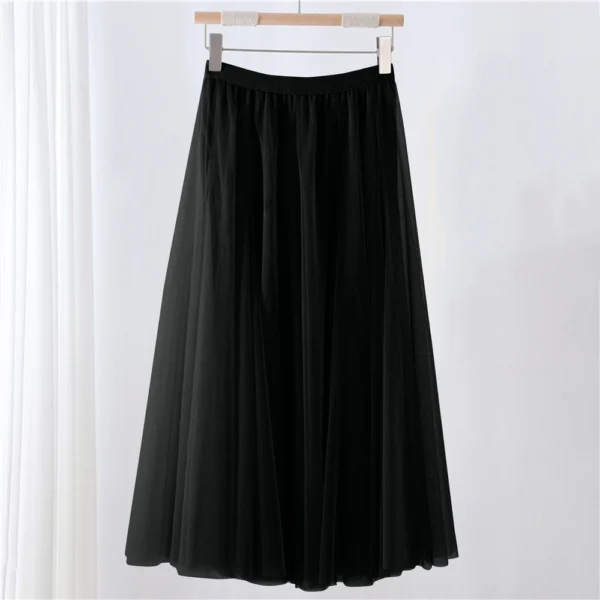 Women's Solid Color Mesh Skirt With Elastic Band Large Swing Mid Length Skirt - Image 16