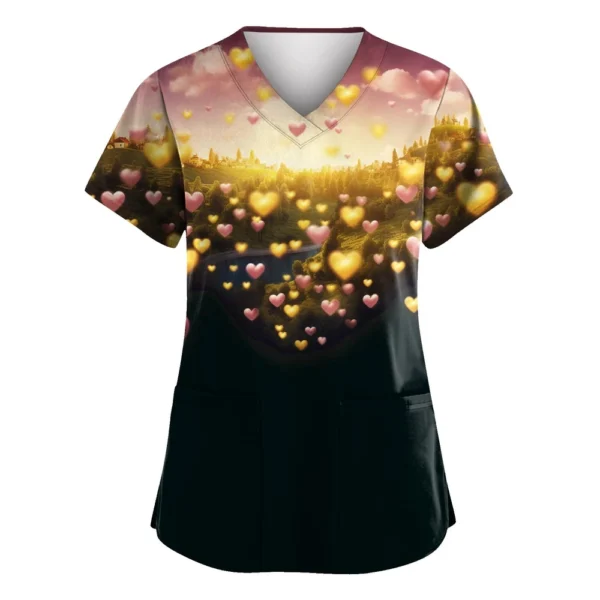 Women's Valentine's Day Printed  Uniform Work Uniform V-Neck Pocket Protective - Image 4