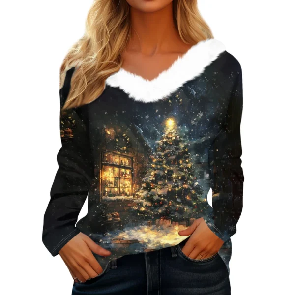 Women's Shirt V Neck Christmas Top Long Sleeve Party Fleece Collar T Shirt - Image 2