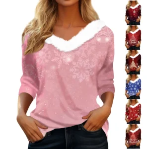 Women's Party Long Sleeve V Neck T Shirt Christmas Shirt Fleece Collar Top