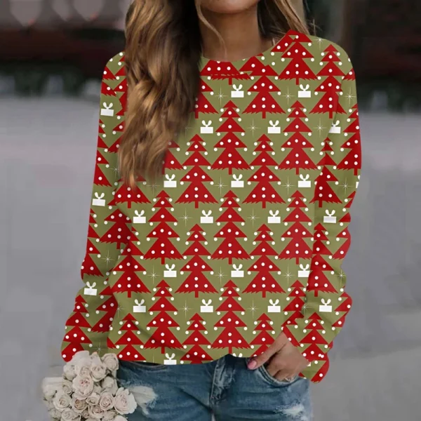 Women's Long Sleeve Print O-Neck Christmas Blouse Fashion Casual Pullover Top - Image 28