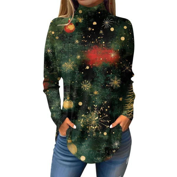Women's Printed Christmas High Neck Pullover Long Sleeve Casual Fashion T-Shirt - Image 6