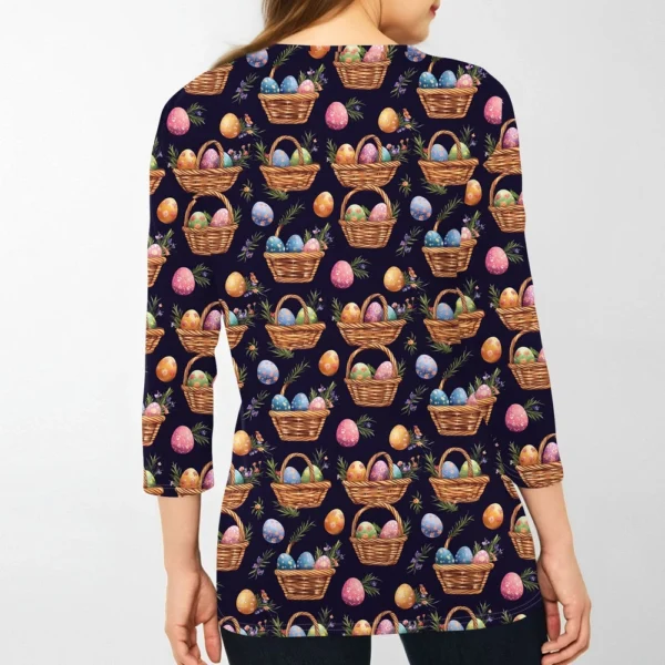 Women's Casual Round Neck Easter Egg Print Three-quarter Sleeve T-shirt Top - Image 12