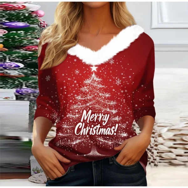 Women's Party Long Sleeve V Neck T Shirt Christmas Shirt Fleece Collar Top - Image 28