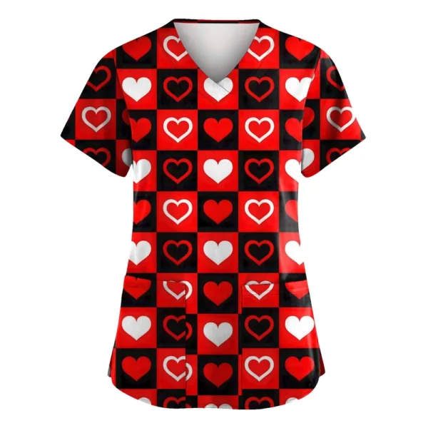 Women's Valentine's Day Printed  Uniform Work Uniform V-Neck Pocket Protective - Image 10