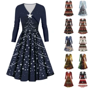 Women's Printed V-Neck Christmas Casual Fashion Long Sleeve Slim Dresses