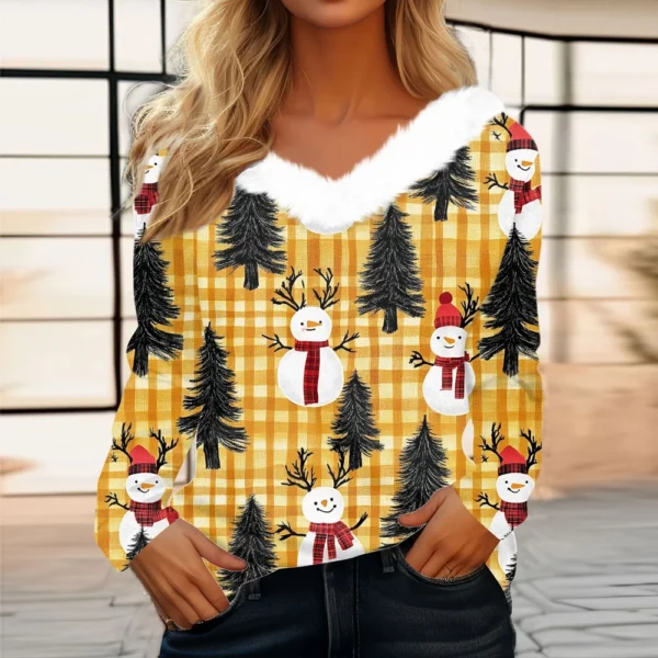Women's Long Sleeve Christmas Printed Party Plush Neck Wide Casual V-Neck Top - Image 34