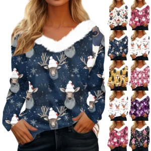 Women's Long Sleeve Christmas Printed Party Plush Neck Wide Casual V-Neck Top