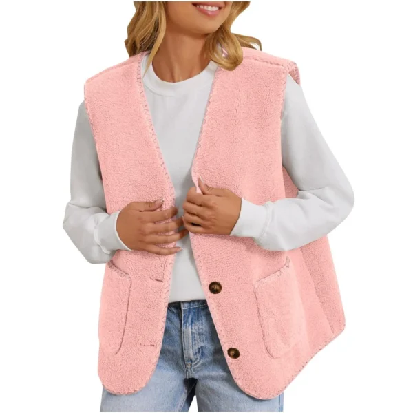 Women's Fuzzy Fleece Vest Sleeveless Colorblock Jacket Button Down Outerwear - Image 35