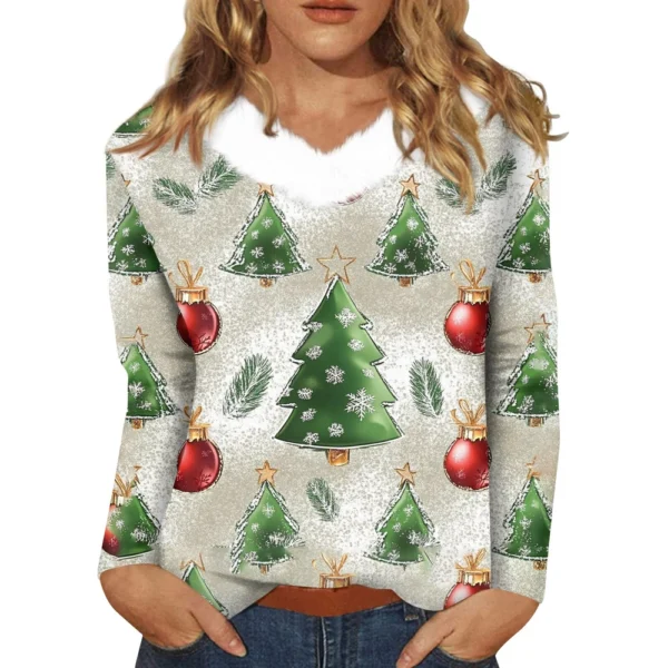 Women's Party Long Sleeve Shirt T Shirt V Neck Christmas Fleece Collar Top - Image 9