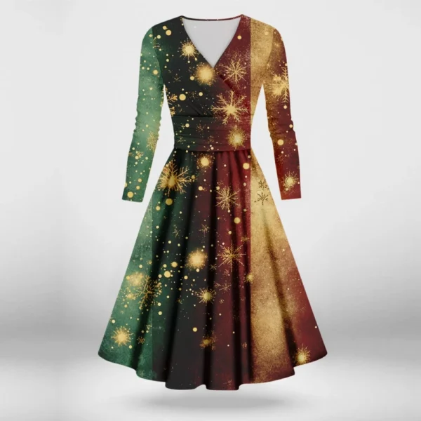 Women's Printed V-Neck Christmas Casual Fashion Long Sleeve Slim Dresses - Image 13