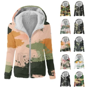 Women's Winter Camouflage Print Casual Fashion Plush Hooded Zipper Sweater