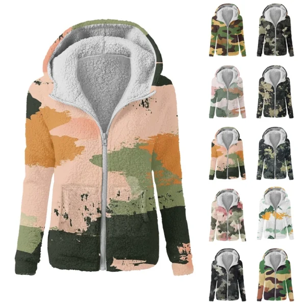 Women's Winter Camouflage Print Casual Fashion Plush Hooded Zipper Sweater