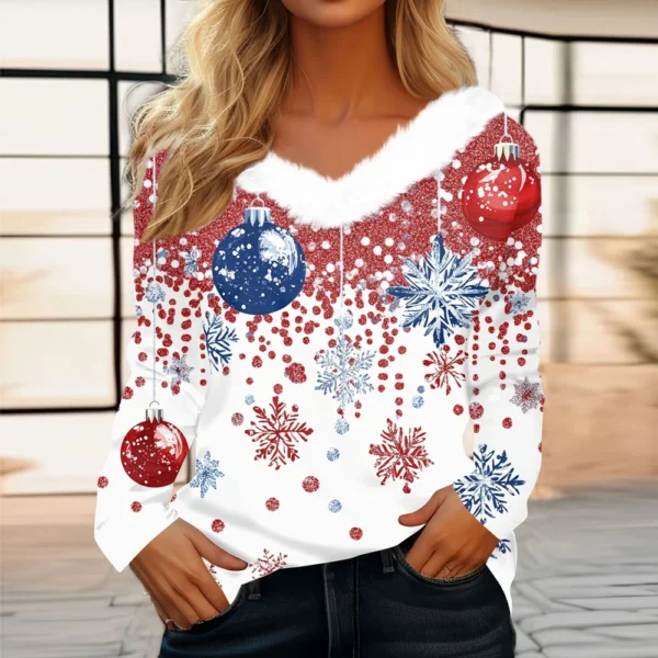 Women's V Neck Party Fleece Collar Top Shirt Christmas Long Sleeve T Shirt - Image 34