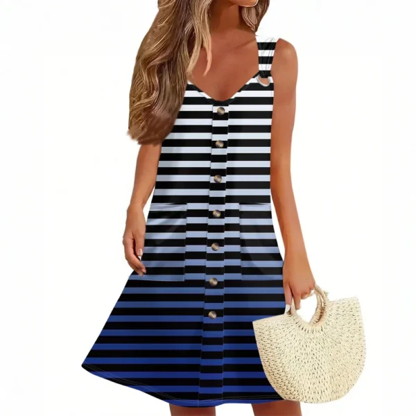 Women's Summer Dress With Pocket Sleeveless Striped Print Sundress - Image 35