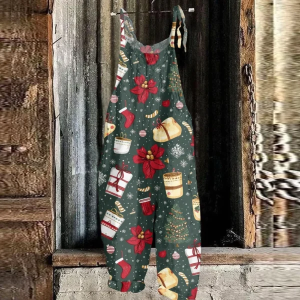 Women's Shoulder Strap Vintage Loose Print Casual Jumpsuit Christmas - Image 25