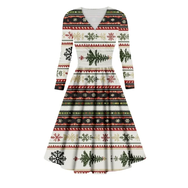 Women's Printed V-Neck Christmas Casual Fashion Long Sleeve Slim Dresses - Image 17