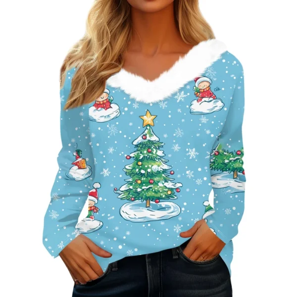 Women's Christmas Shirt Fleece Collar T Shirt Party V Neck Long Sleeve Top - Image 17