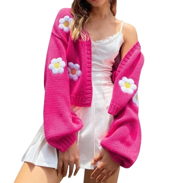 Women's Floral Sweater Loose Short Knit Cardigan - Image 6