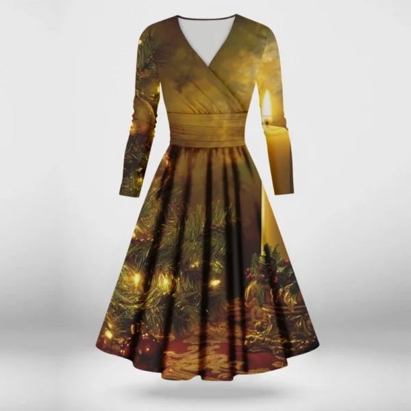 Women's Printed V-Neck Christmas Casual Fashion Long Sleeve Slim Dresses - Image 25