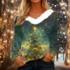 Women's Shirt V Neck Christmas Top Long Sleeve Party Fleece Collar T Shirt - Image 28