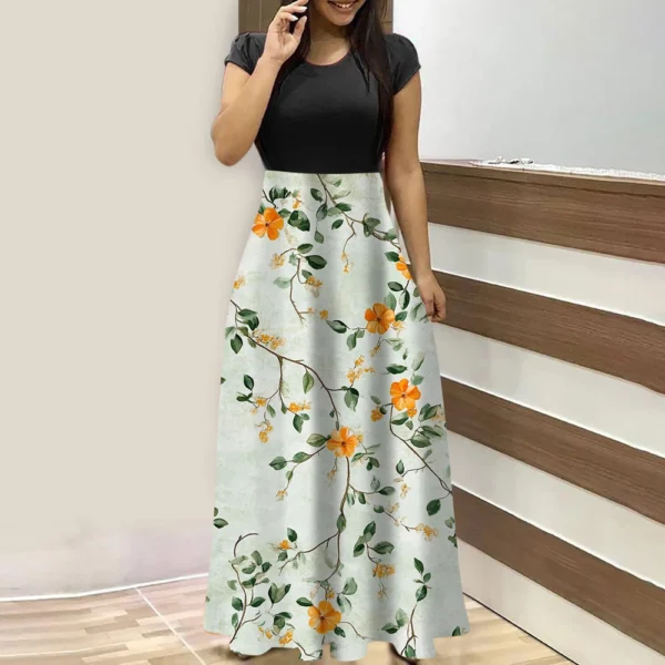 Women's Fashion Casual Loose Printed Round Neck Short Sleeve Long Dresses - Image 16