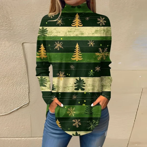 Women's Printed Christmas High Neck Pullover Long Sleeve Casual Fashion T-Shirt - Image 16