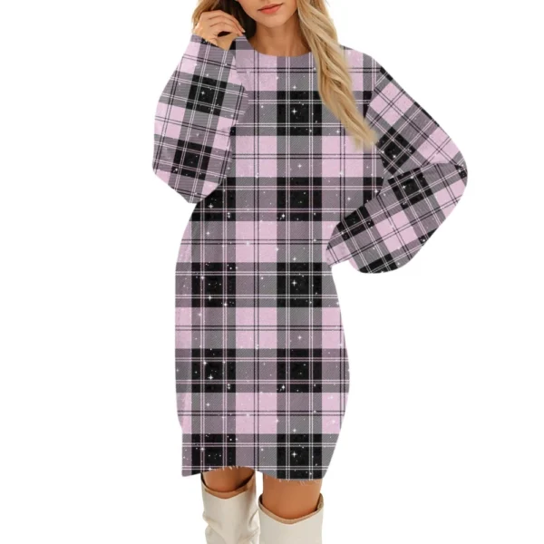 Women's Round Neck Casual Long Sleeve Plush Gradient Plaid Dresses - Image 8